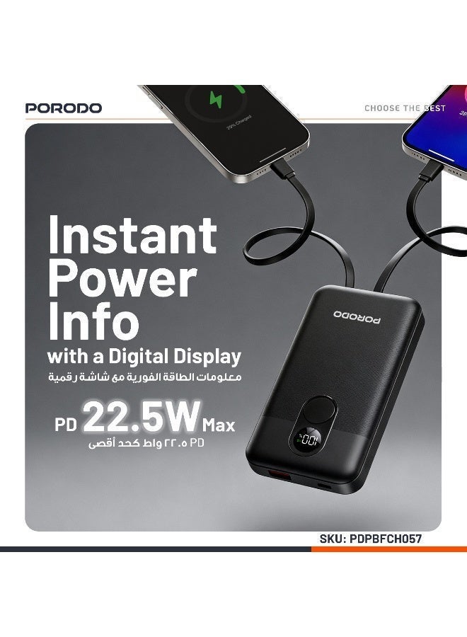 بورودو بنك طاقة 10000 مللي أمبير في الساعة بشاشة رقمية مع كابل Type-C وLightning / توصيل طاقة 22.5 وات / شحن متزامن - أسود - Image 3